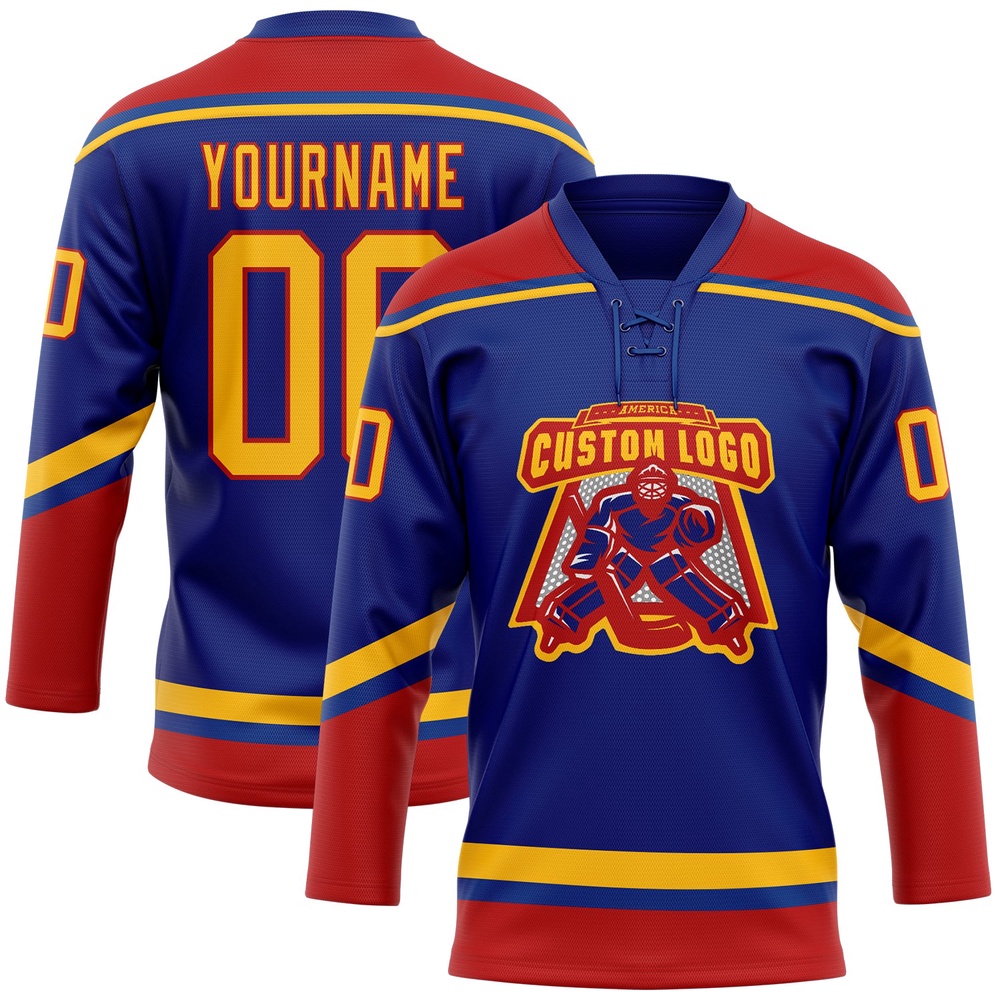 Custom Royal Gold Red Hockey Lace Neck Jersey, New Hockey Jersey, Personali Sport Team Jersey Shirt
