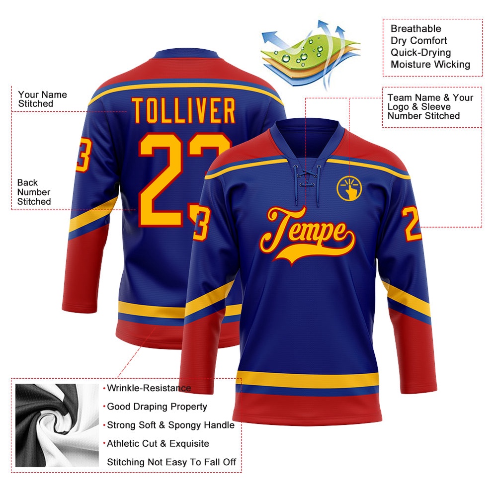 Custom Royal Gold Red Hockey Lace Neck Jersey, New Hockey Jersey, Personali Sport Team Jersey Shirt