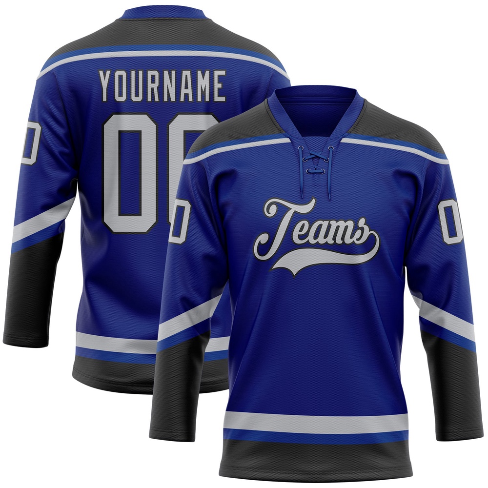 Custom Royal Gray Black Hockey Lace Neck Jersey, New Hockey Jersey, Personali Sport Team Jersey Shirt