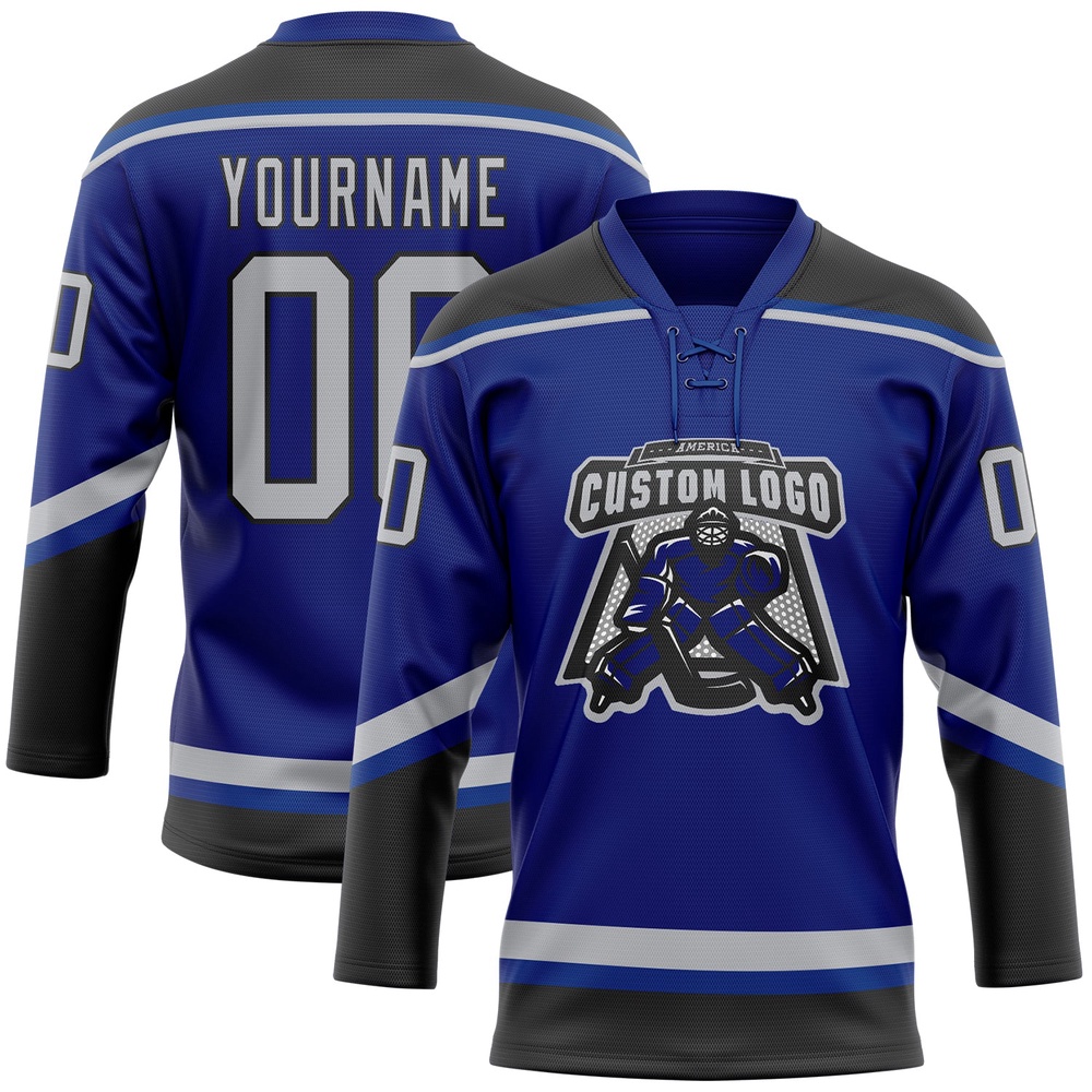 Custom Royal Gray Black Hockey Lace Neck Jersey, New Hockey Jersey, Personali Sport Team Jersey Shirt