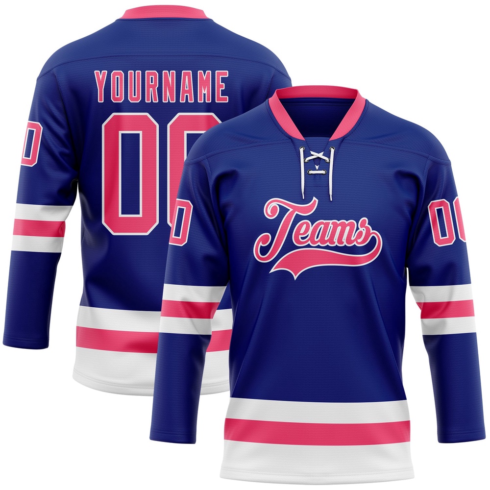 Custom Royal Neon Pink White Hockey Lace Neck Jersey, New Hockey Jersey, Personali Sport Team Jersey Shirt