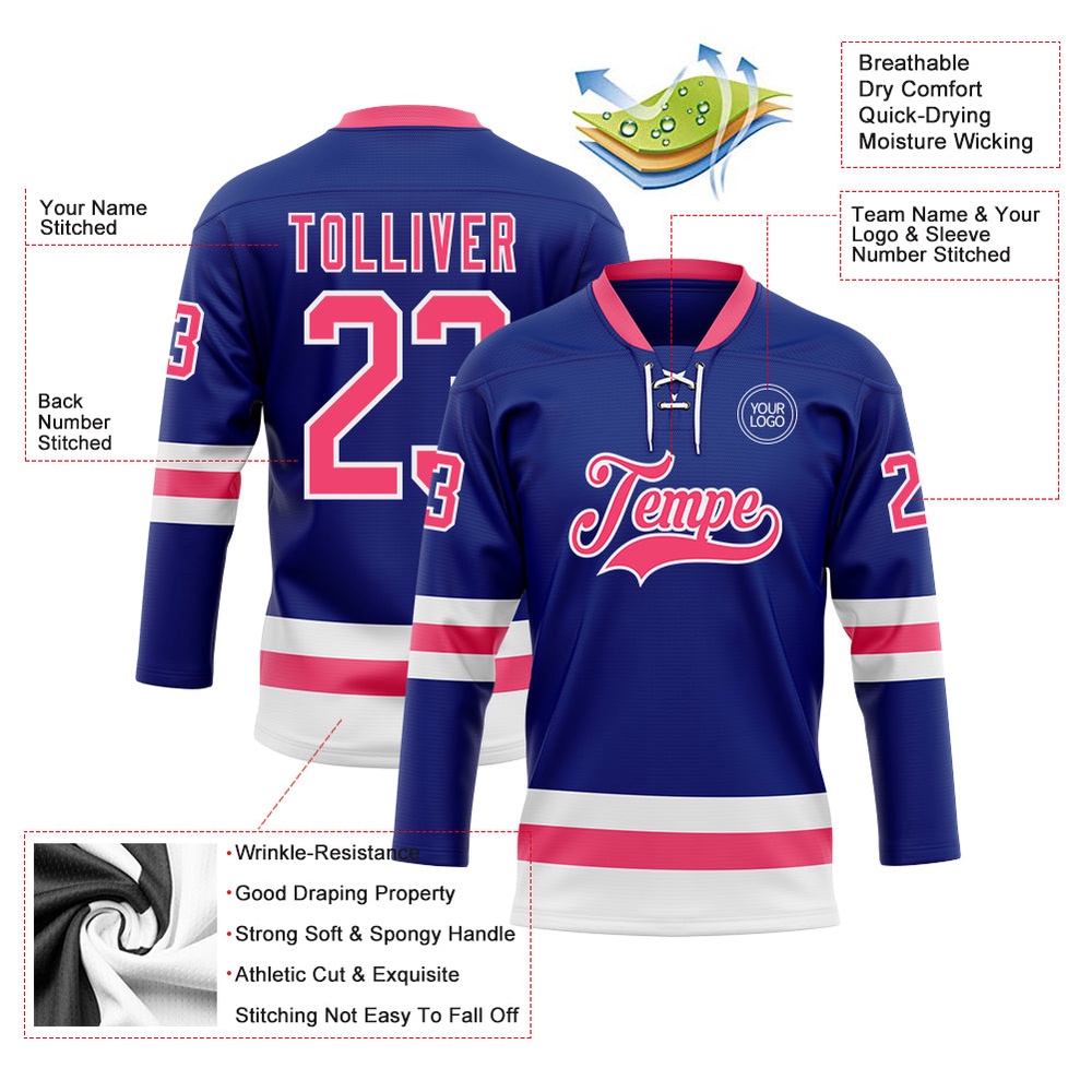 Custom Royal Neon Pink White Hockey Lace Neck Jersey, New Hockey Jersey, Personali Sport Team Jersey Shirt
