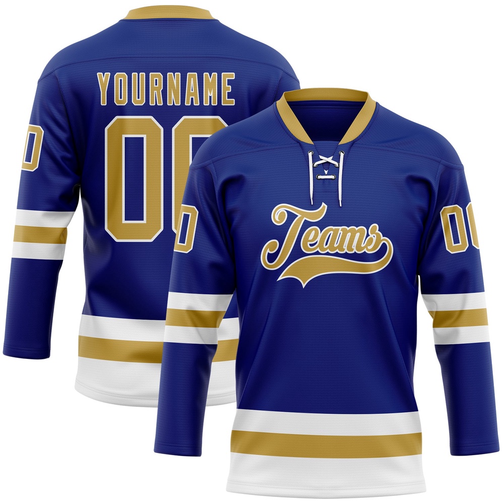 Custom Royal Old Gold White Hockey Lace Neck Jersey, New Hockey Jersey, Personali Sport Team Jersey Shirt