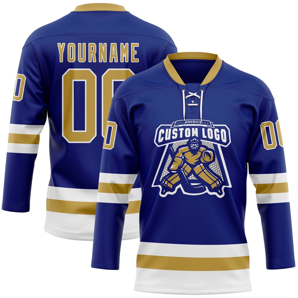Custom Royal Old Gold White Hockey Lace Neck Jersey, New Hockey Jersey, Personali Sport Team Jersey Shirt