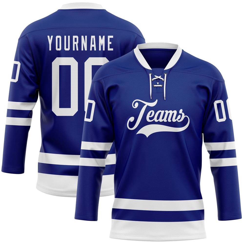 Custom Royal White Hockey Lace Neck Jersey, New Hockey Jersey, Personali Sport Team Jersey Shirt Custom Royal White Hockey Lace Neck Jersey, New Hockey Jersey, Personali Sport Team Jersey Shirt