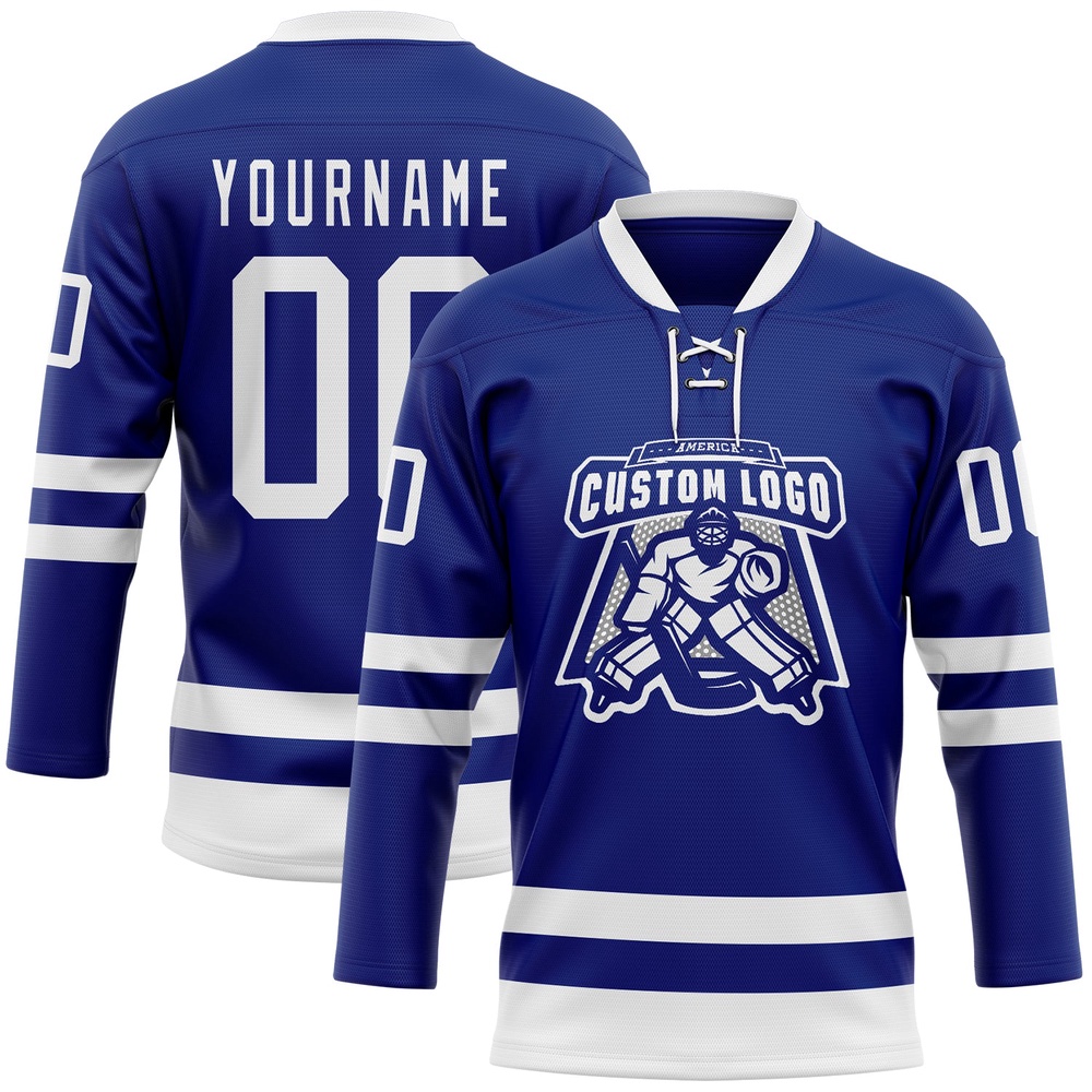 Custom Royal White Hockey Lace Neck Jersey, New Hockey Jersey, Personali Sport Team Jersey Shirt Custom Royal White Hockey Lace Neck Jersey, New Hockey Jersey, Personali Sport Team Jersey Shirt
