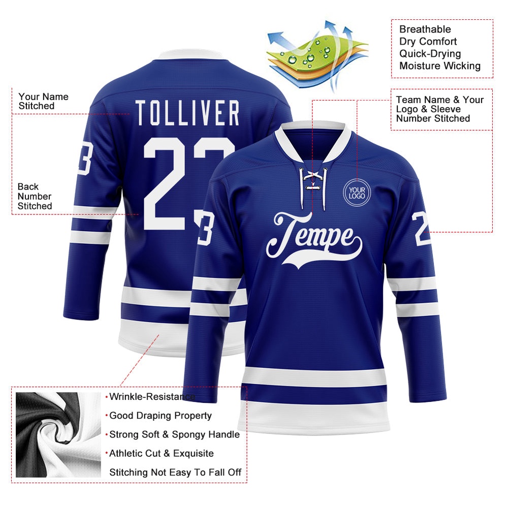 Custom Royal White Hockey Lace Neck Jersey, New Hockey Jersey, Personali Sport Team Jersey Shirt Custom Royal White Hockey Lace Neck Jersey, New Hockey Jersey, Personali Sport Team Jersey Shirt