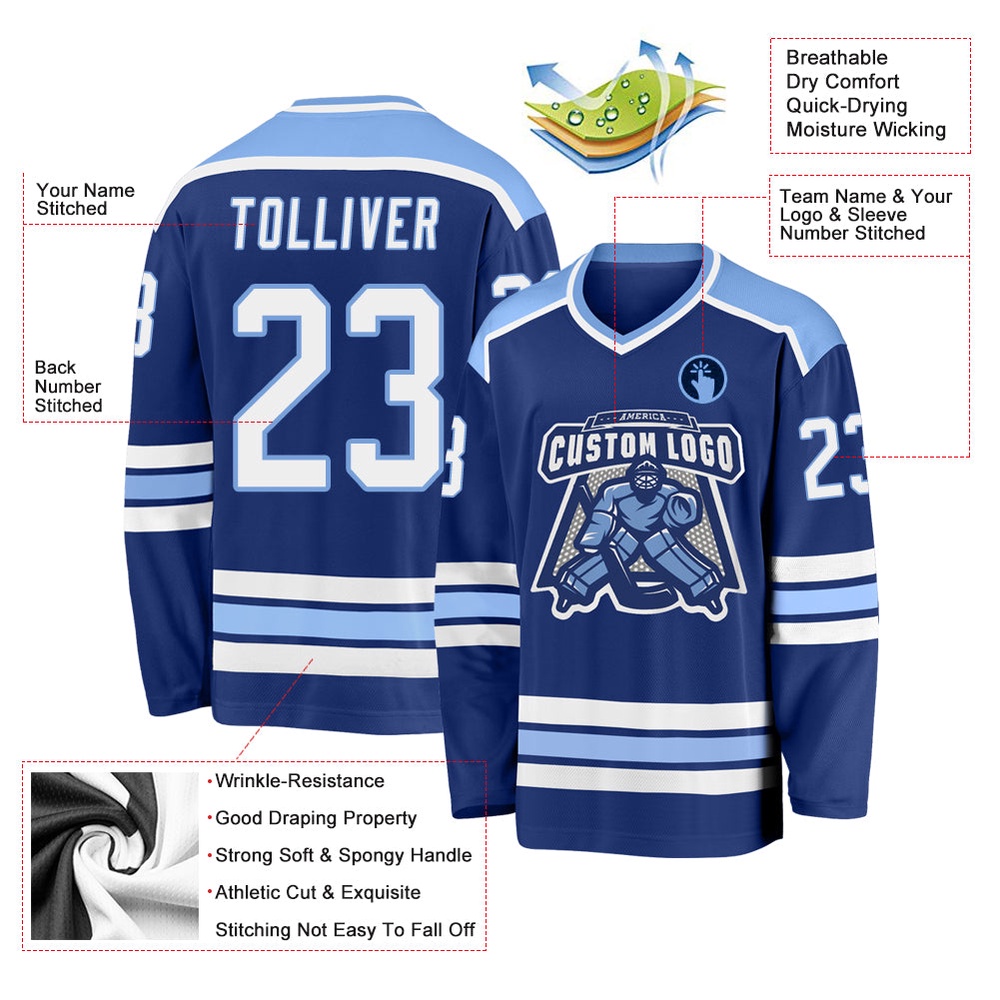 Custom Royal White Light Blue Hockey Jersey, New Hockey Jersey, Personali Sport Team Jersey Shirt Custom Royal White Light Blue Hockey Jersey, New Hockey Jersey, Personali Sport Team Jersey Shirt