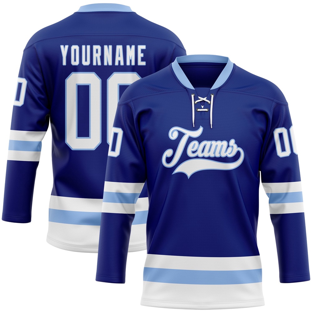 Custom Royal White Light Blue Hockey Lace Neck Jersey, New Hockey Jersey, Personali Sport Team Jersey Shirt Custom Royal White Light Blue Hockey Lace Neck Jersey, New Hockey Jersey, Personali Sport Team Jersey Shirt