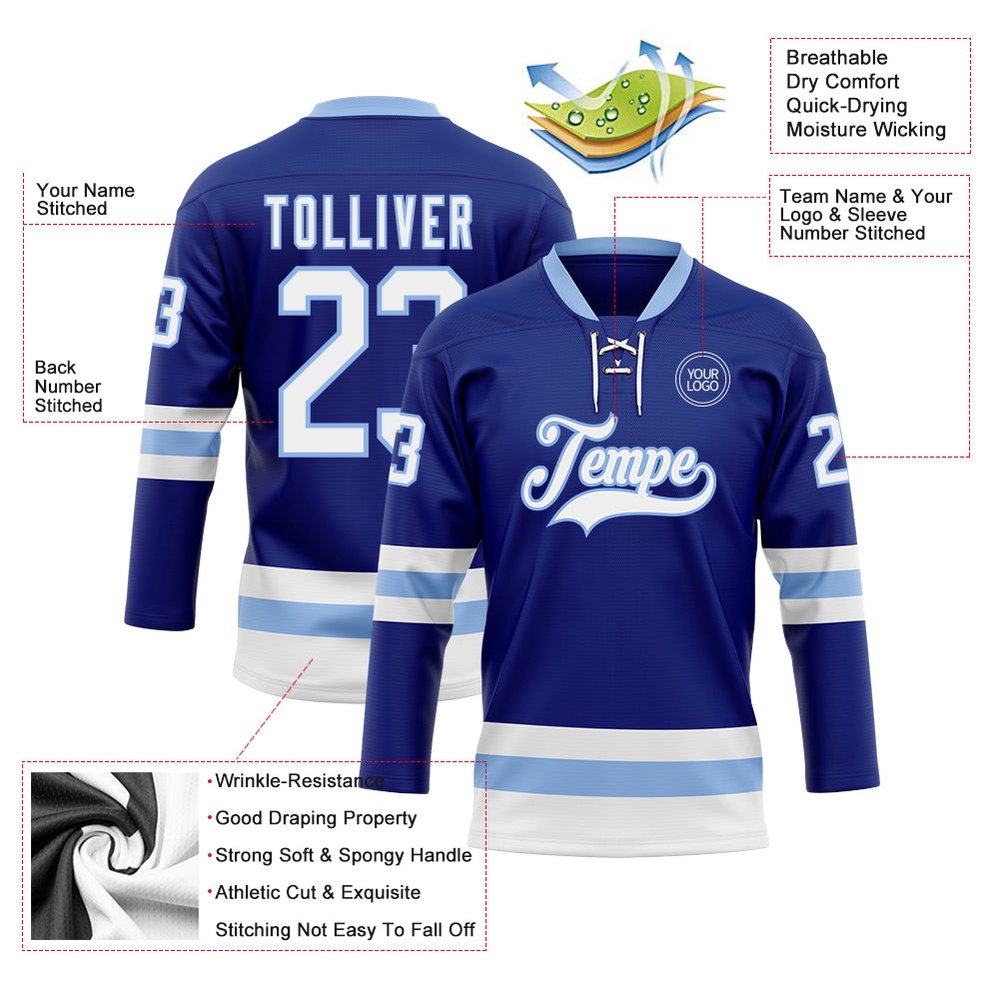 Custom Royal White Light Blue Hockey Lace Neck Jersey, New Hockey Jersey, Personali Sport Team Jersey Shirt Custom Royal White Light Blue Hockey Lace Neck Jersey, New Hockey Jersey, Personali Sport Team Jersey Shirt