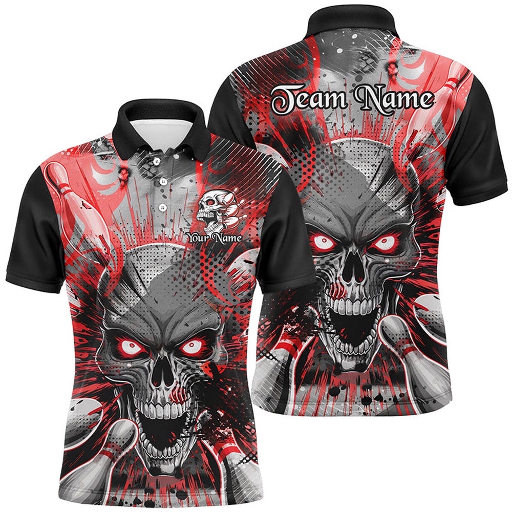 Custom Short Sleeve Skull Bowling Shirts For Men, Halloween Bowling Shirt With Name Red, Personalized Bowling Team Shirt