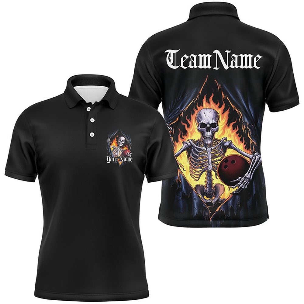 Custom Skull Bowling Polo Shirts For Men, Skeleton Halloween Bowling Shirts Outfit Bowling, Personalized Bowling Team Shirt