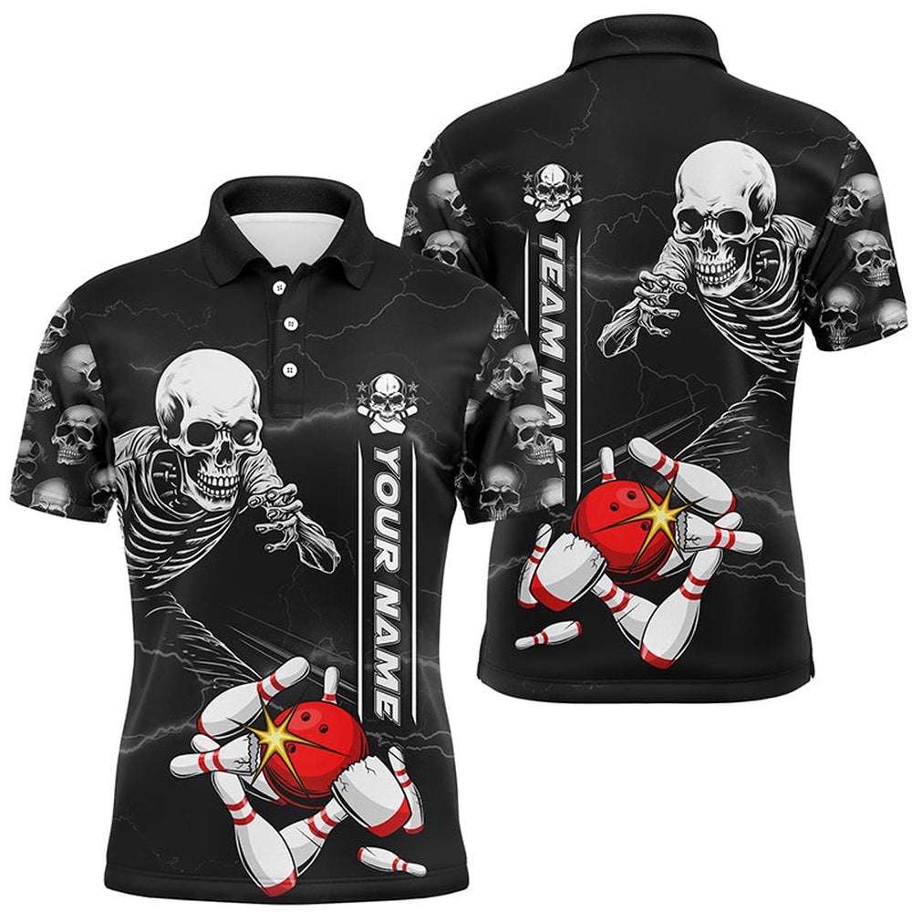 Custom Skull Bowling Polo Shirts Unisex Halloween Skeleton Team Bowling Shirt, Personalized Bowling Team Shirt