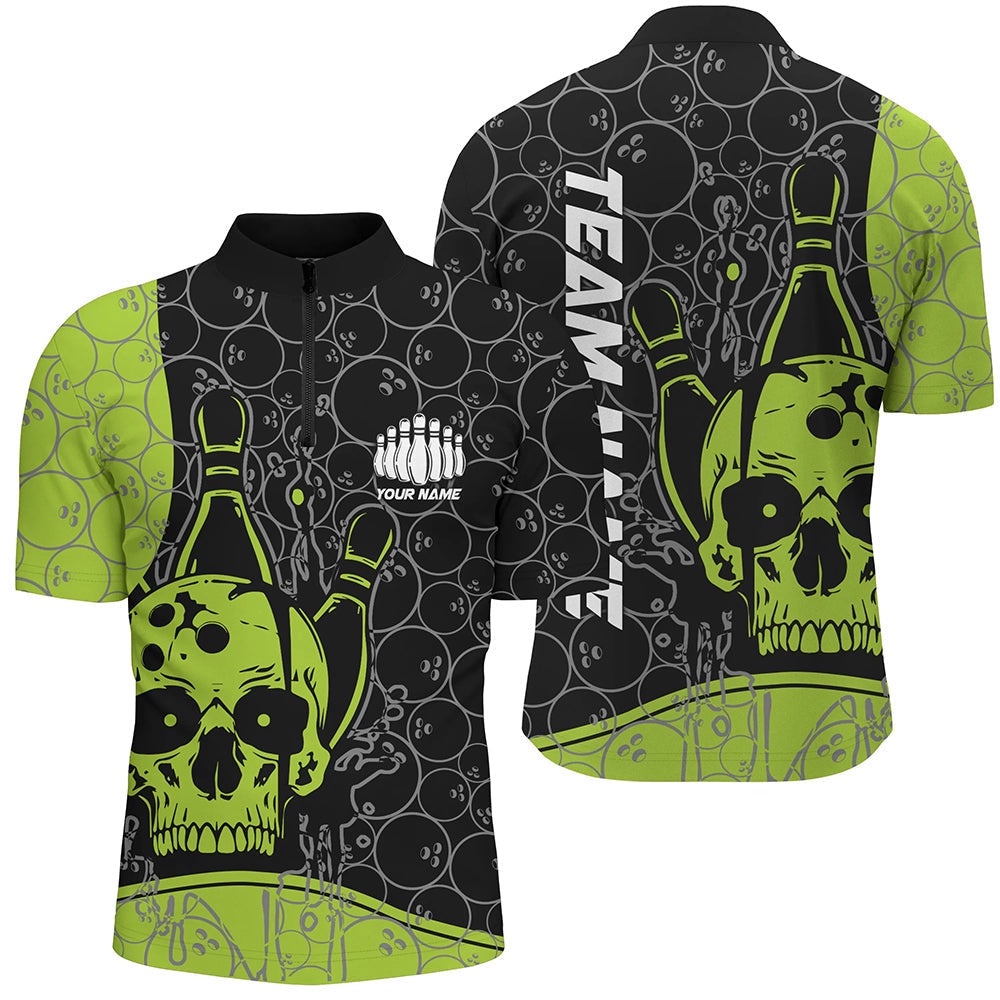 Custom Skull Bowling Shirts For Men And Women, Green Bowling Team Polo Shirt Bowling Polo Shirt, Personalized Bowling Team Shirt