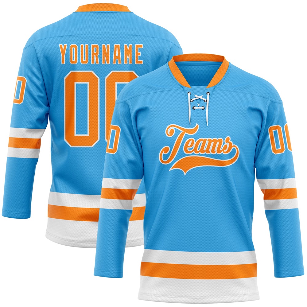 Custom Sky Blue Bay Orange White Hockey Lace Neck Jersey, New Hockey Jersey, Personali Sport Team Jersey Shirt Custom Sky Blue Bay Orange White Hockey Lace Neck Jersey, New Hockey Jersey, Personali Sport Team Jersey Shirt