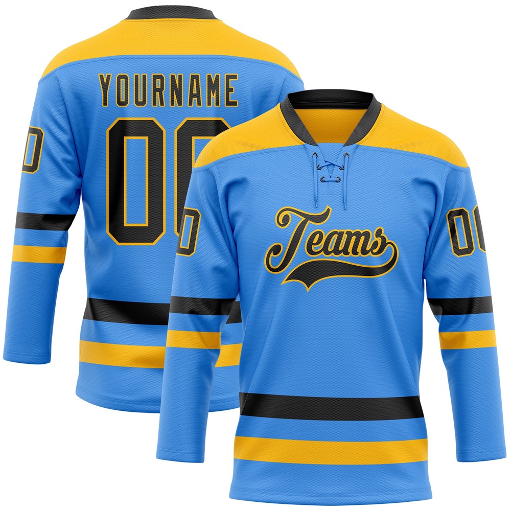 Custom Sky Blue Black Gold Hockey Lace Neck Jersey, New Hockey Jersey, Personali Sport Team Jersey Shirt Custom Sky Blue Black Gold Hockey Lace Neck Jersey, New Hockey Jersey, Personali Sport Team Jersey Shirt