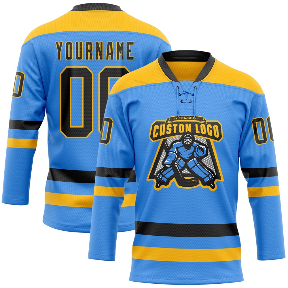 Custom Sky Blue Black Gold Hockey Lace Neck Jersey, New Hockey Jersey, Personali Sport Team Jersey Shirt Custom Sky Blue Black Gold Hockey Lace Neck Jersey, New Hockey Jersey, Personali Sport Team Jersey Shirt