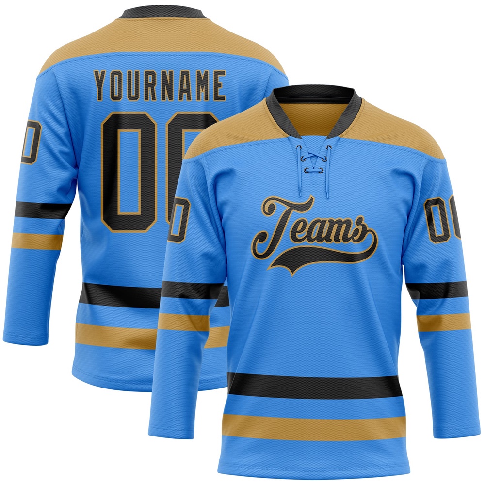 Custom Sky Blue Black Old Gold Hockey Lace Neck Jersey, New Hockey Jersey, Personali Sport Team Jersey Shirt Custom Sky Blue Black Old Gold Hockey Lace Neck Jersey, New Hockey Jersey, Personali Sport Team Jersey Shirt