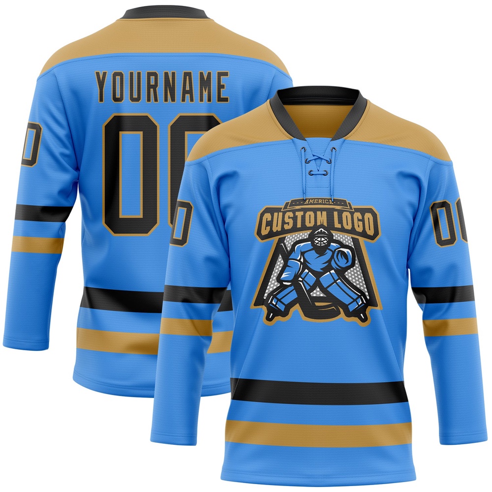 Custom Sky Blue Black Old Gold Hockey Lace Neck Jersey, New Hockey Jersey, Personali Sport Team Jersey Shirt Custom Sky Blue Black Old Gold Hockey Lace Neck Jersey, New Hockey Jersey, Personali Sport Team Jersey Shirt