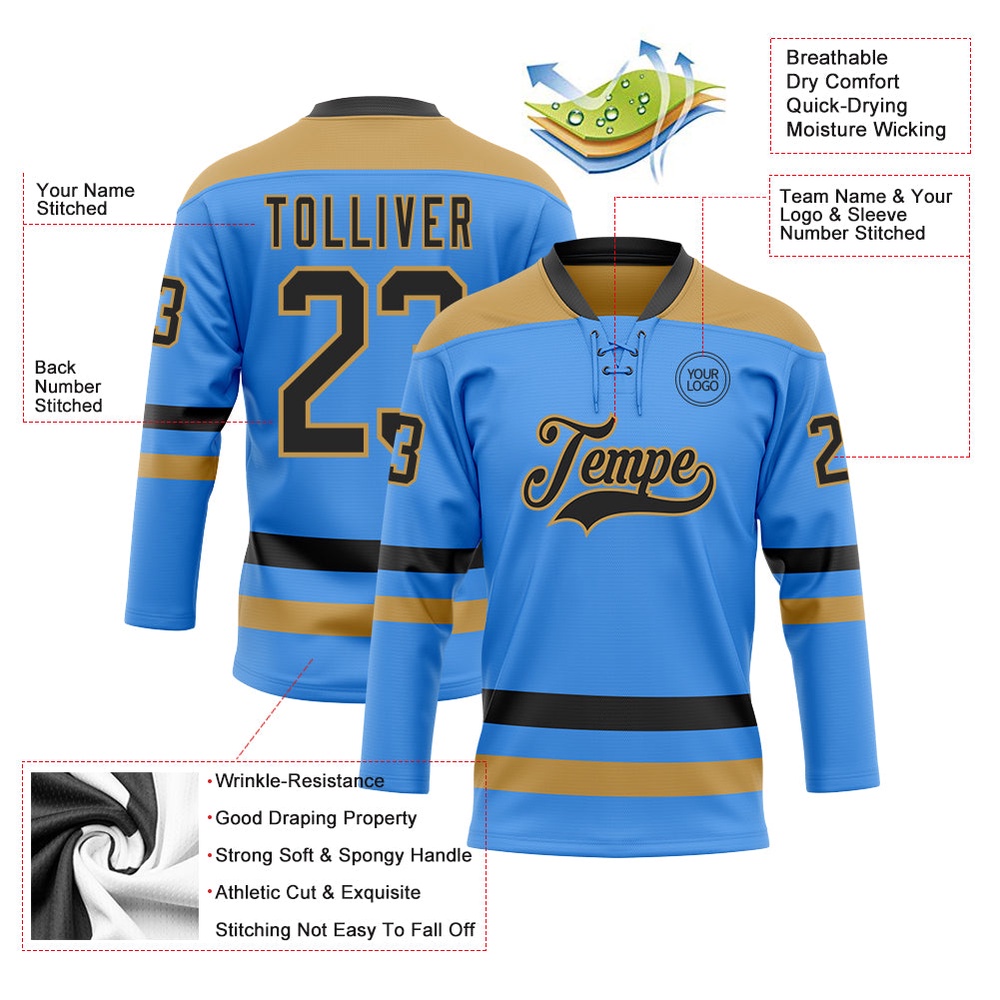 Custom Sky Blue Black Old Gold Hockey Lace Neck Jersey, New Hockey Jersey, Personali Sport Team Jersey Shirt Custom Sky Blue Black Old Gold Hockey Lace Neck Jersey, New Hockey Jersey, Personali Sport Team Jersey Shirt