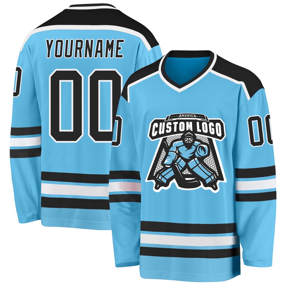 Custom Sky Blue Black White Hockey Jersey, New Hockey Jersey, Personali Sport Team Jersey Shirt Custom Sky Blue Black White Hockey Jersey, New Hockey Jersey, Personali Sport Team Jersey Shirt