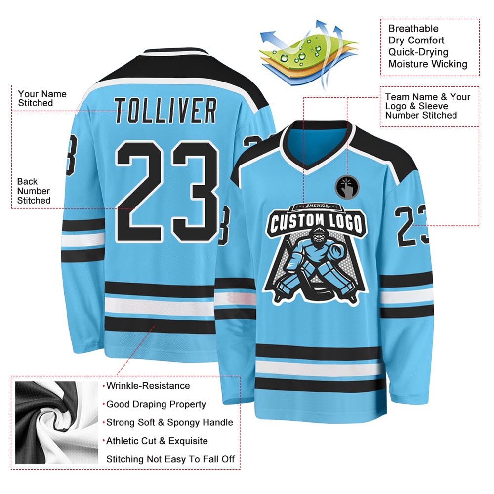 Custom Sky Blue Black White Hockey Jersey, New Hockey Jersey, Personali Sport Team Jersey Shirt Custom Sky Blue Black White Hockey Jersey, New Hockey Jersey, Personali Sport Team Jersey Shirt