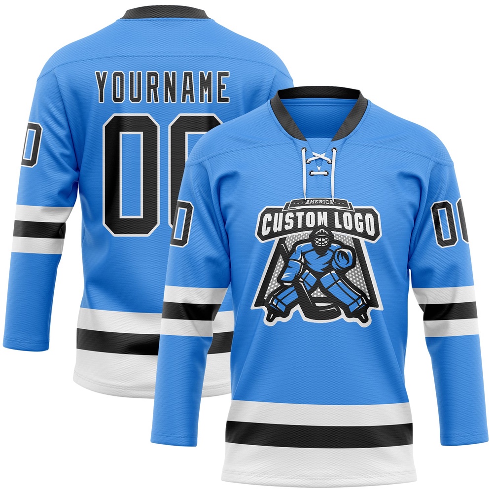 Custom Sky Blue Black White Hockey Lace Neck Jersey, New Hockey Jersey, Personali Sport Team Jersey Shirt Custom Sky Blue Black White Hockey Lace Neck Jersey, New Hockey Jersey, Personali Sport Team Jersey Shirt