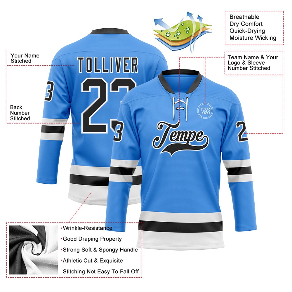 Custom Sky Blue Black White Hockey Lace Neck Jersey, New Hockey Jersey, Personali Sport Team Jersey Shirt Custom Sky Blue Black White Hockey Lace Neck Jersey, New Hockey Jersey, Personali Sport Team Jersey Shirt