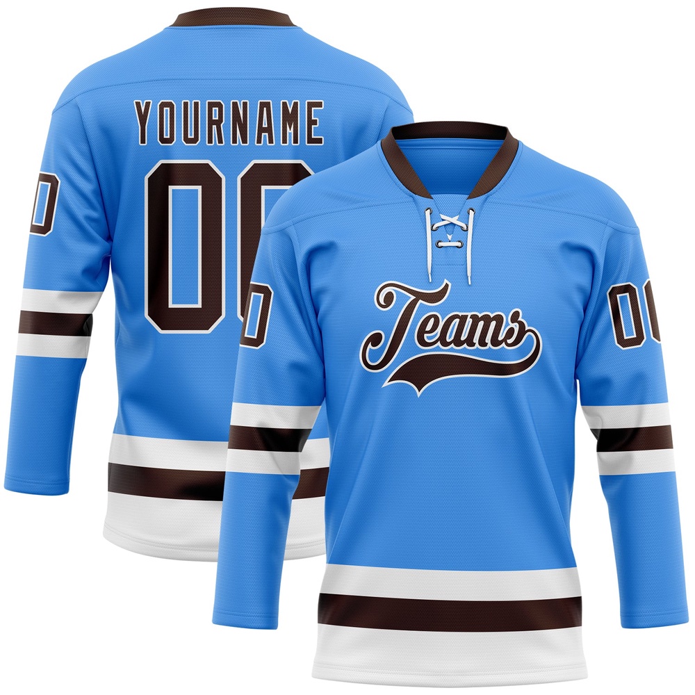 Custom Sky Blue Brown White Hockey Lace Neck Jersey, New Hockey Jersey, Personali Sport Team Jersey Shirt Custom Sky Blue Brown White Hockey Lace Neck Jersey, New Hockey Jersey, Personali Sport Team Jersey Shirt
