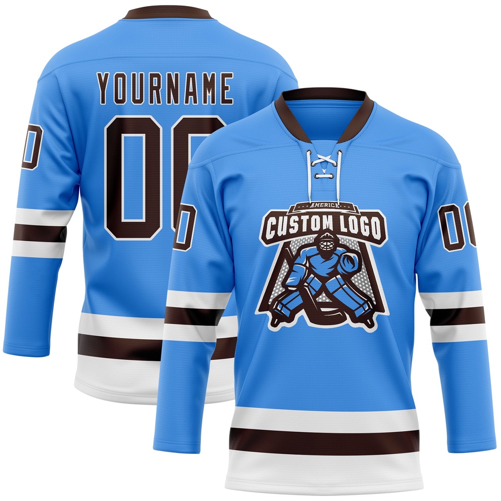 Custom Sky Blue Brown White Hockey Lace Neck Jersey, New Hockey Jersey, Personali Sport Team Jersey Shirt Custom Sky Blue Brown White Hockey Lace Neck Jersey, New Hockey Jersey, Personali Sport Team Jersey Shirt