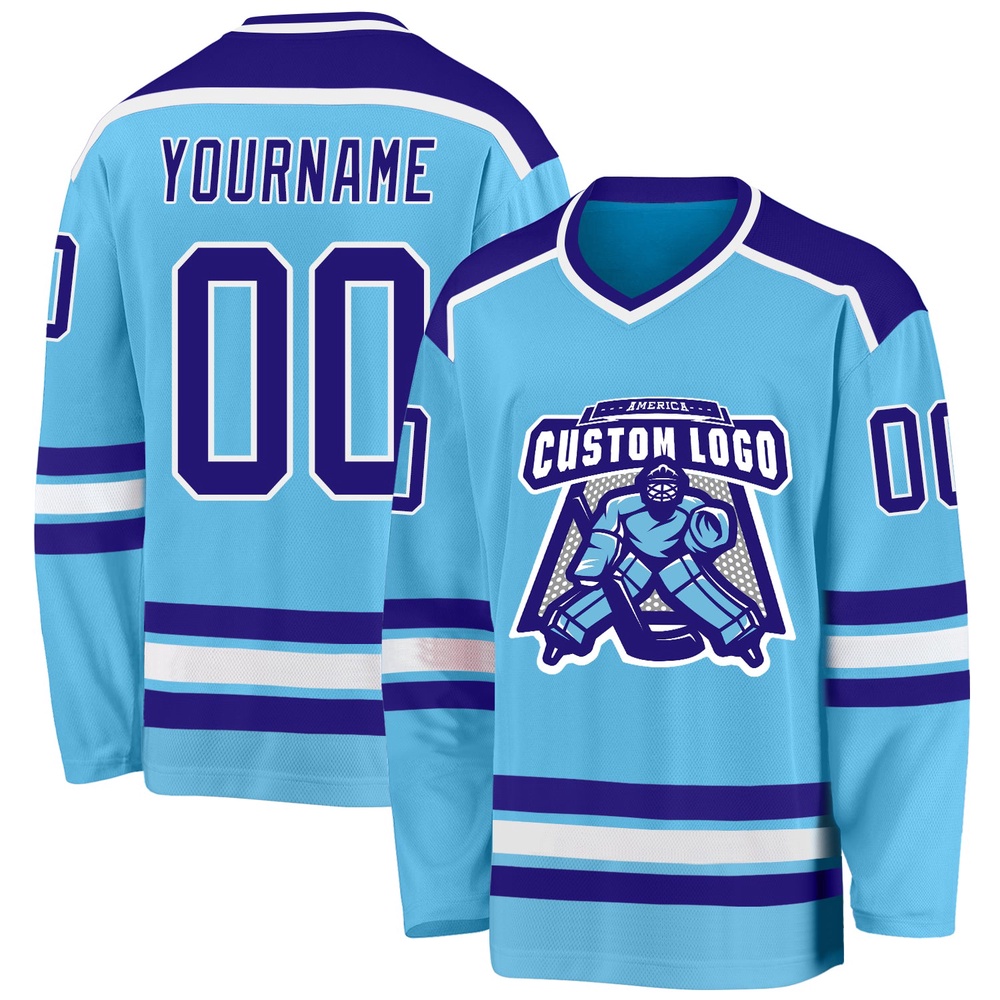 Custom Sky Blue Dark Purple White Hockey Jersey, New Hockey Jersey, Personali Sport Team Jersey Shirt Custom Sky Blue Dark Purple White Hockey Jersey, New Hockey Jersey, Personali Sport Team Jersey Shirt