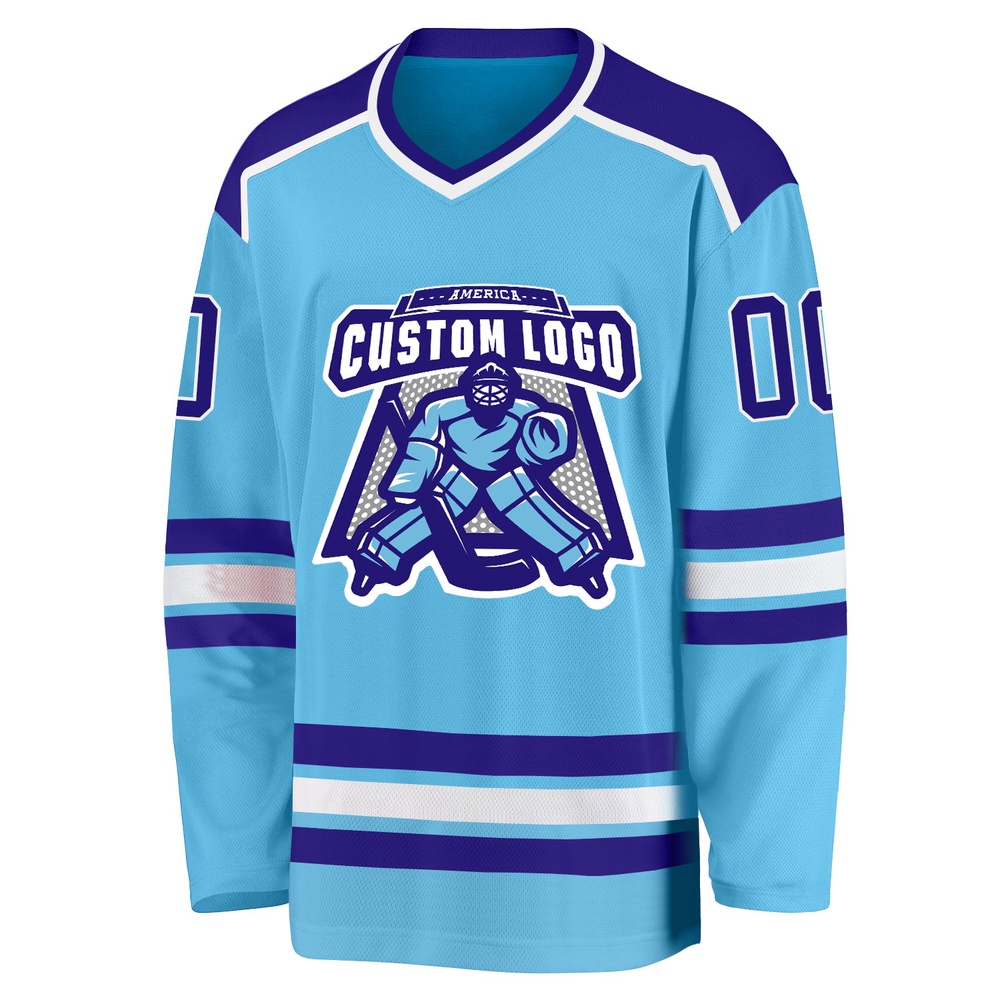 Custom Sky Blue Dark Purple White Hockey Jersey, New Hockey Jersey, Personali Sport Team Jersey Shirt Custom Sky Blue Dark Purple White Hockey Jersey, New Hockey Jersey, Personali Sport Team Jersey Shirt