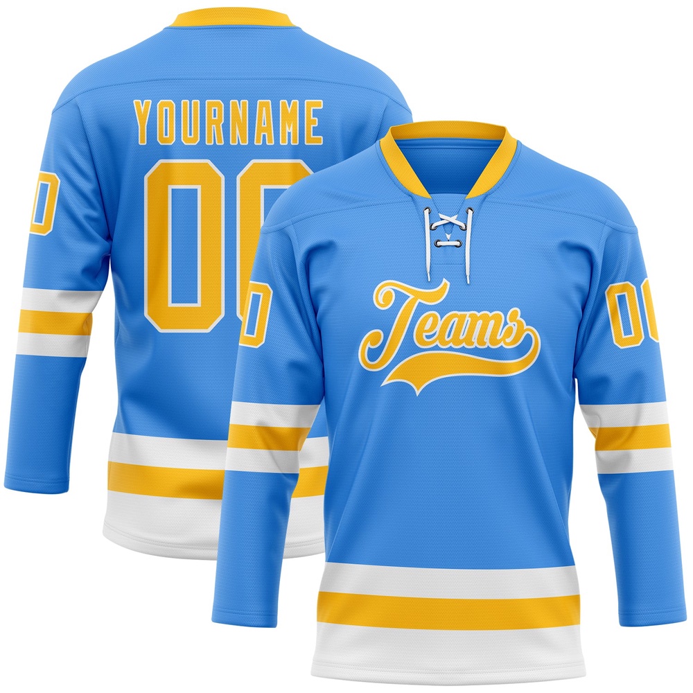 Custom Sky Blue Gold White Hockey Lace Neck Jersey, New Hockey Jersey, Personali Sport Team Jersey Shirt Custom Sky Blue Gold White Hockey Lace Neck Jersey, New Hockey Jersey, Personali Sport Team Jersey Shirt