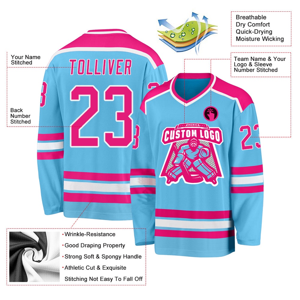 Custom Sky Blue Hot Pink White Hockey Jersey, New Hockey Jersey, Personali Sport Team Jersey Shirt Custom Sky Blue Hot Pink White Hockey Jersey, New Hockey Jersey, Personali Sport Team Jersey Shirt