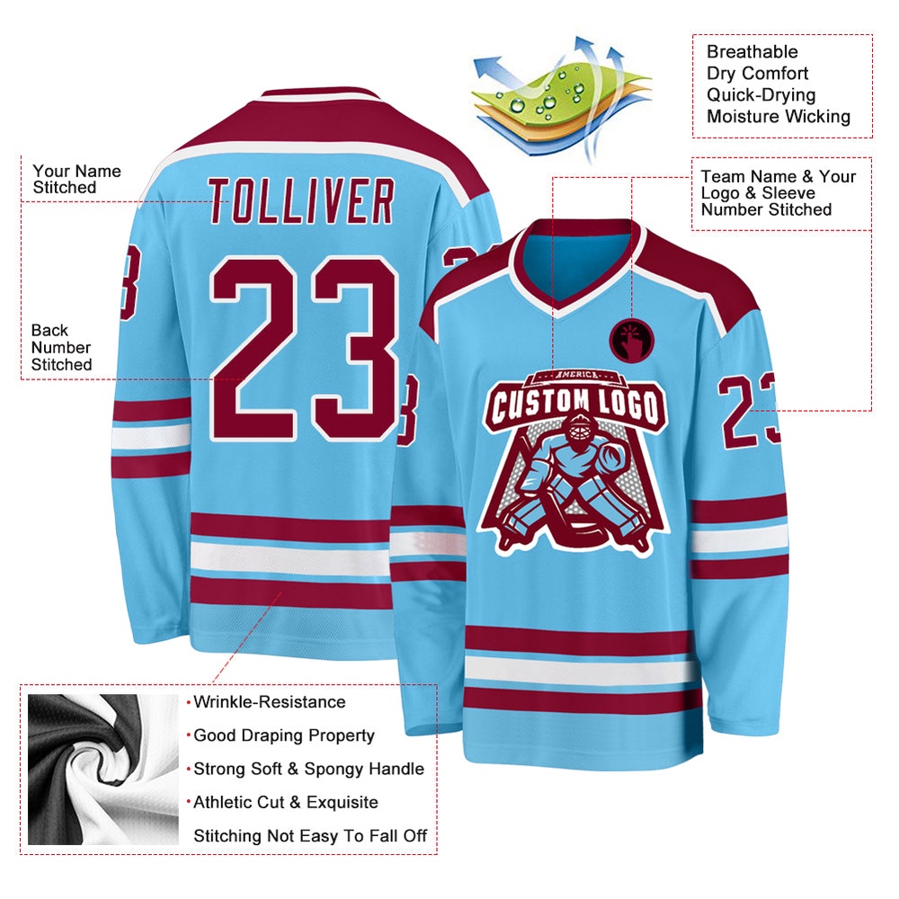 Custom Sky Blue Maroon White Hockey Jersey, New Hockey Jersey, Personali Sport Team Jersey Shirt Custom Sky Blue Maroon White Hockey Jersey, New Hockey Jersey, Personali Sport Team Jersey Shirt