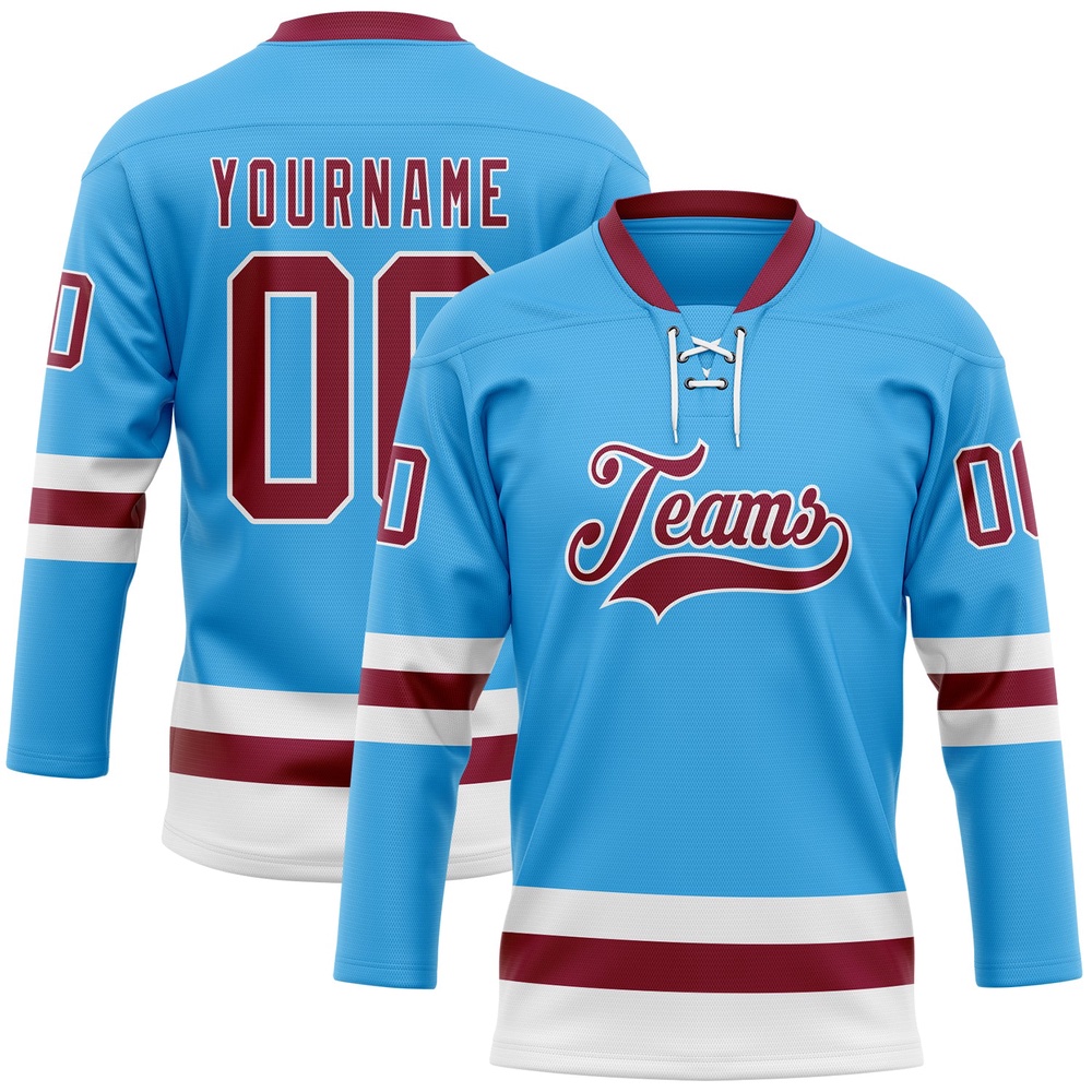 Custom Sky Blue Maroon White Hockey Lace Neck Jersey, New Hockey Jersey, Personali Sport Team Jersey Shirt Custom Sky Blue Maroon White Hockey Lace Neck Jersey, New Hockey Jersey, Personali Sport Team Jersey Shirt