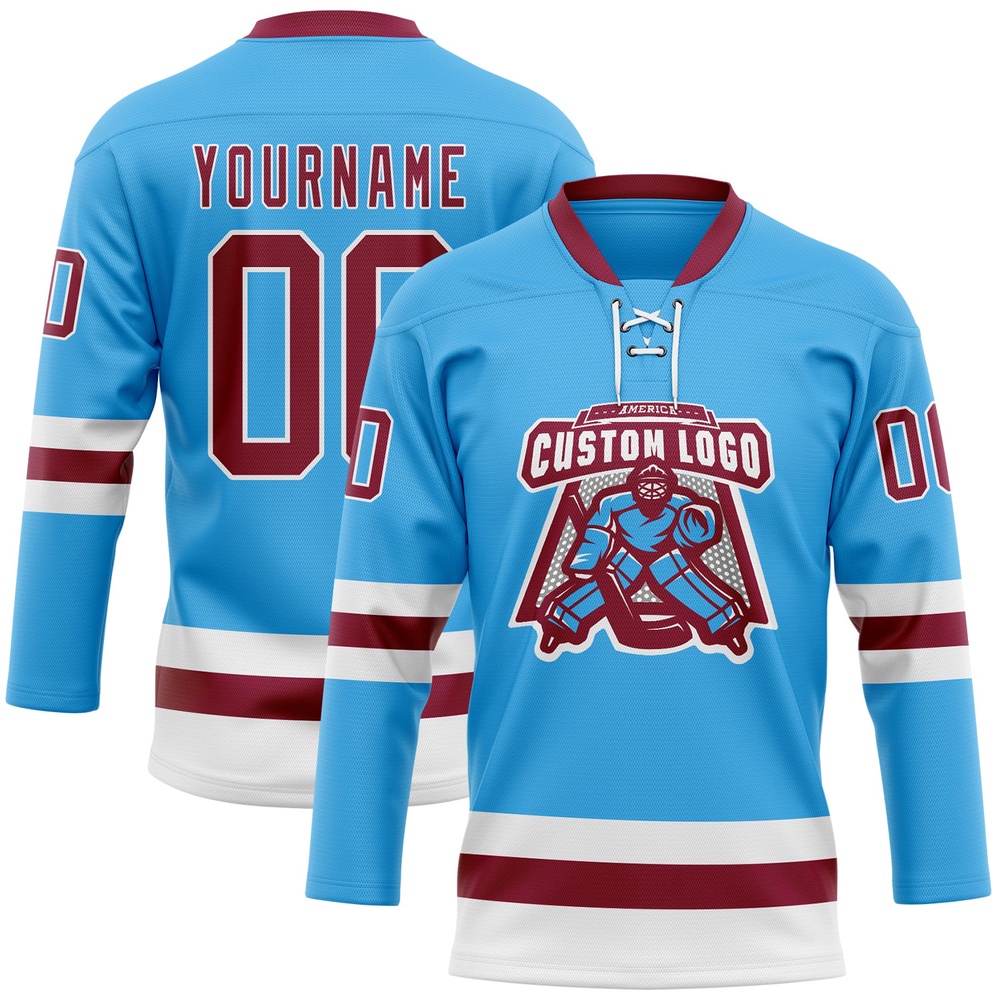 Custom Sky Blue Maroon White Hockey Lace Neck Jersey, New Hockey Jersey, Personali Sport Team Jersey Shirt Custom Sky Blue Maroon White Hockey Lace Neck Jersey, New Hockey Jersey, Personali Sport Team Jersey Shirt