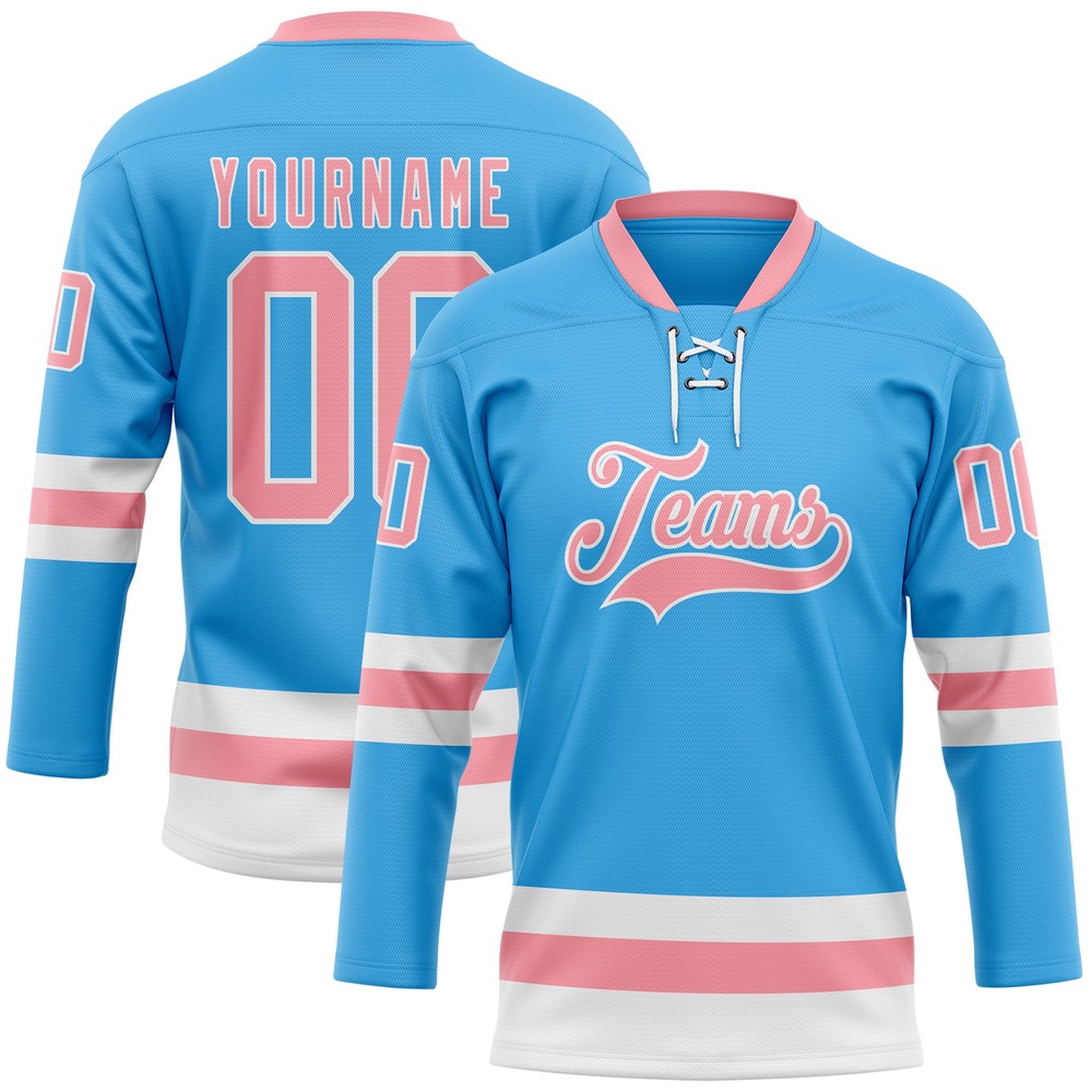 Custom Sky Blue Medium Pink White Hockey Lace Neck Jersey, New Hockey Jersey, Personali Sport Team Jersey Shirt Custom Sky Blue Medium Pink White Hockey Lace Neck Jersey, New Hockey Jersey, Personali Sport Team Jersey Shirt