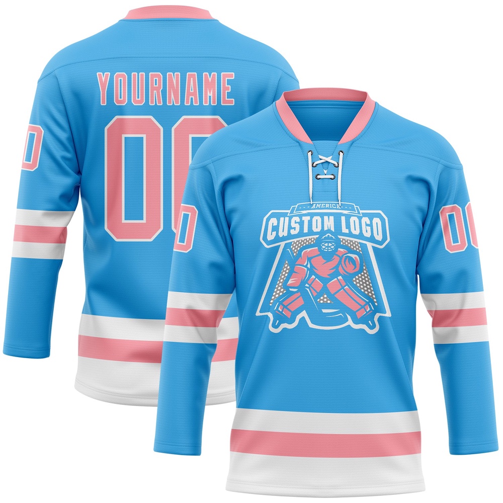 Custom Sky Blue Medium Pink White Hockey Lace Neck Jersey, New Hockey Jersey, Personali Sport Team Jersey Shirt Custom Sky Blue Medium Pink White Hockey Lace Neck Jersey, New Hockey Jersey, Personali Sport Team Jersey Shirt