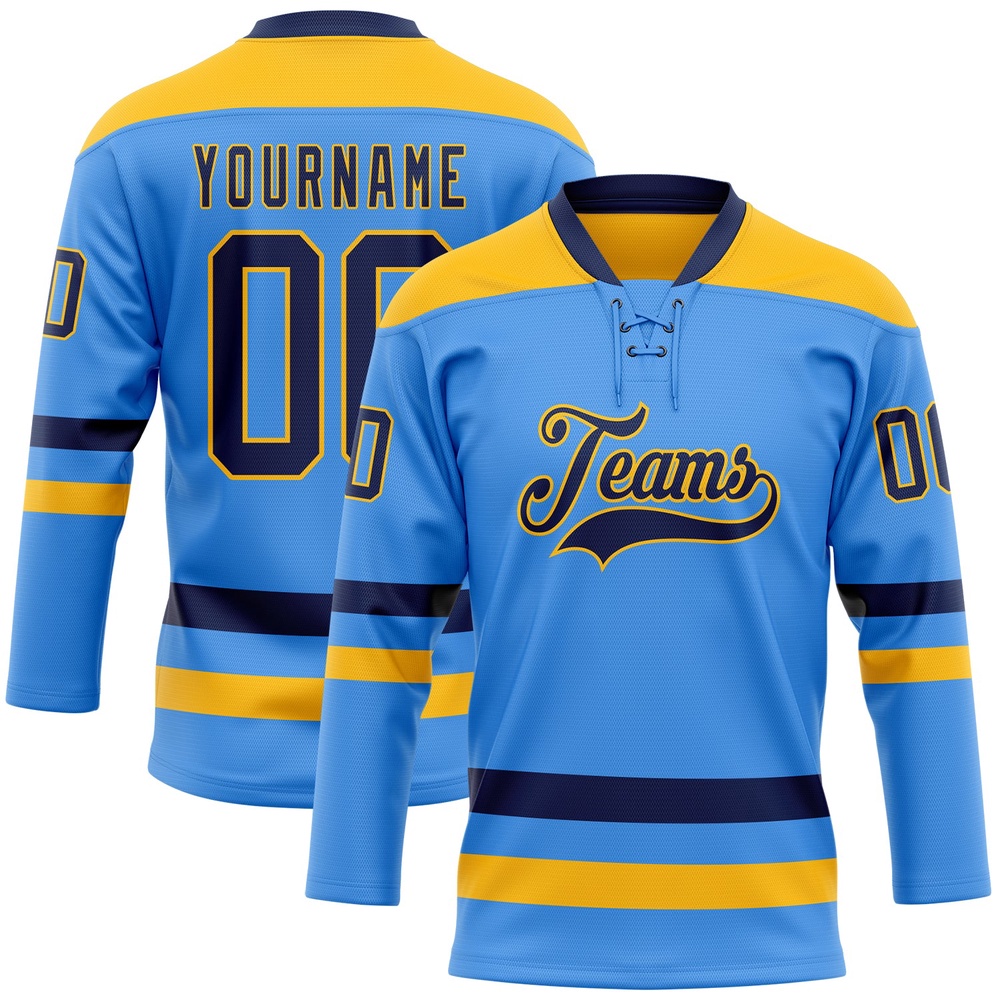 Custom Sky Blue Navy Gold Hockey Lace Neck Jersey, New Hockey Jersey, Personali Sport Team Jersey Shirt Custom Sky Blue Navy Gold Hockey Lace Neck Jersey, New Hockey Jersey, Personali Sport Team Jersey Shirt