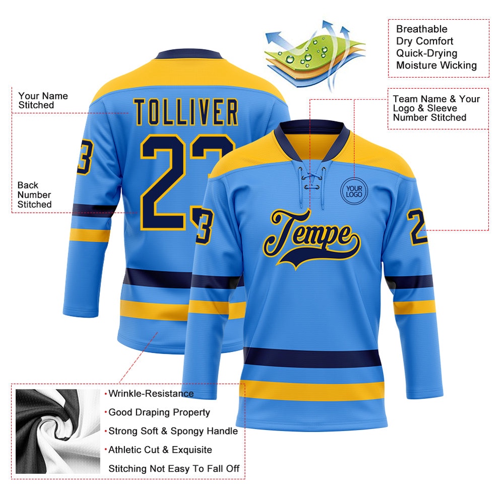 Custom Sky Blue Navy Gold Hockey Lace Neck Jersey, New Hockey Jersey, Personali Sport Team Jersey Shirt Custom Sky Blue Navy Gold Hockey Lace Neck Jersey, New Hockey Jersey, Personali Sport Team Jersey Shirt