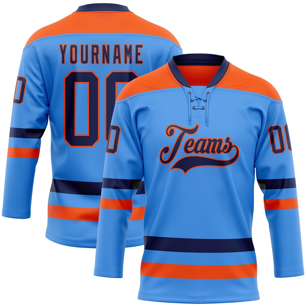 Custom Sky Blue Navy Orange Hockey Lace Neck Jersey, New Hockey Jersey, Personali Sport Team Jersey Shirt Custom Sky Blue Navy Orange Hockey Lace Neck Jersey, New Hockey Jersey, Personali Sport Team Jersey Shirt