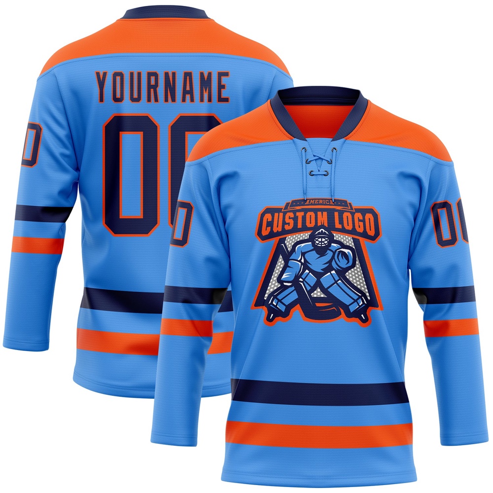 Custom Sky Blue Navy Orange Hockey Lace Neck Jersey, New Hockey Jersey, Personali Sport Team Jersey Shirt Custom Sky Blue Navy Orange Hockey Lace Neck Jersey, New Hockey Jersey, Personali Sport Team Jersey Shirt
