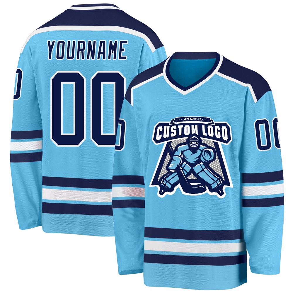 Custom Sky Blue Navy White Hockey Jersey, New Hockey Jersey, Personali Sport Team Jersey Shirt Custom Sky Blue Navy White Hockey Jersey, New Hockey Jersey, Personali Sport Team Jersey Shirt