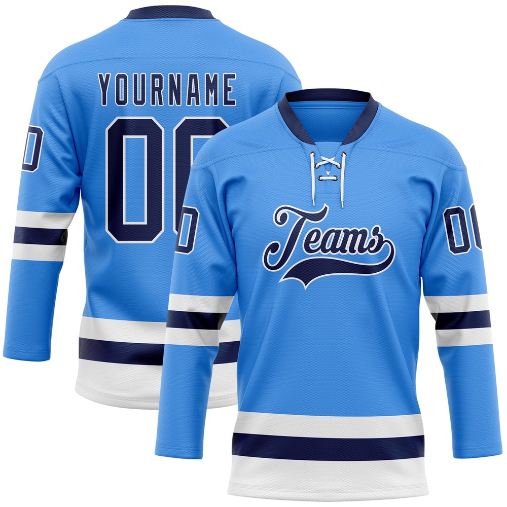 Custom Sky Blue Navy White Hockey Lace Neck Jersey, New Hockey Jersey, Personali Sport Team Jersey Shirt Custom Sky Blue Navy White Hockey Lace Neck Jersey, New Hockey Jersey, Personali Sport Team Jersey Shirt
