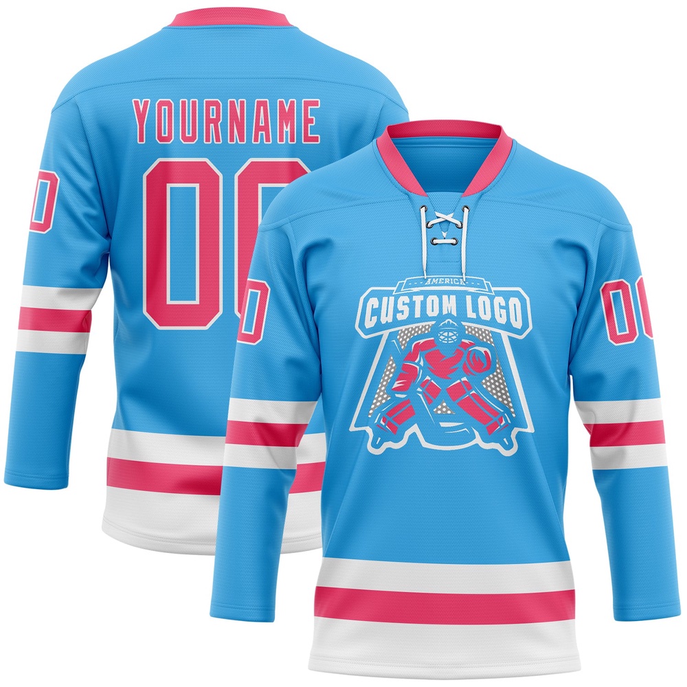 Custom Sky Blue Neon Pink White Hockey Lace Neck Jersey, New Hockey Jersey, Personali Sport Team Jersey Shirt Custom Sky Blue Neon Pink White Hockey Lace Neck Jersey, New Hockey Jersey, Personali Sport Team Jersey Shirt