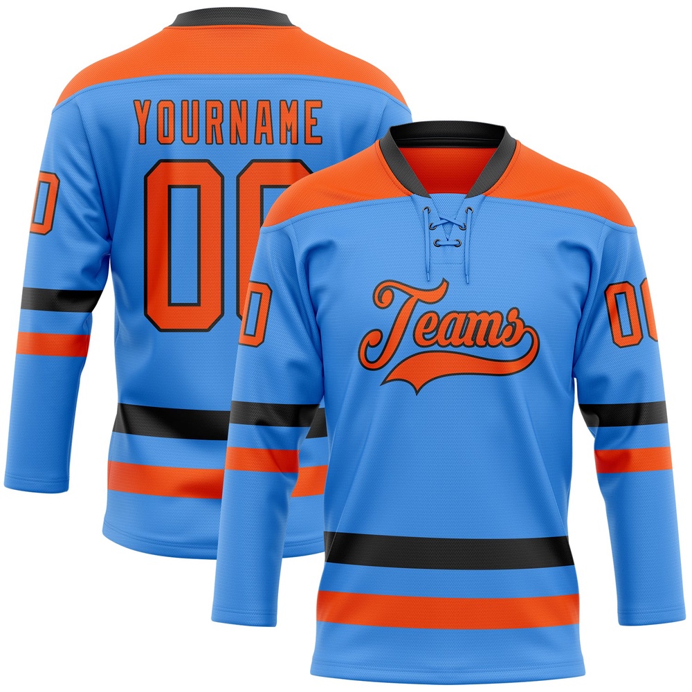 Custom Sky Blue Orange Black Hockey Lace Neck Jersey, New Hockey Jersey, Personali Sport Team Jersey Shirt Custom Sky Blue Orange Black Hockey Lace Neck Jersey, New Hockey Jersey, Personali Sport Team Jersey Shirt