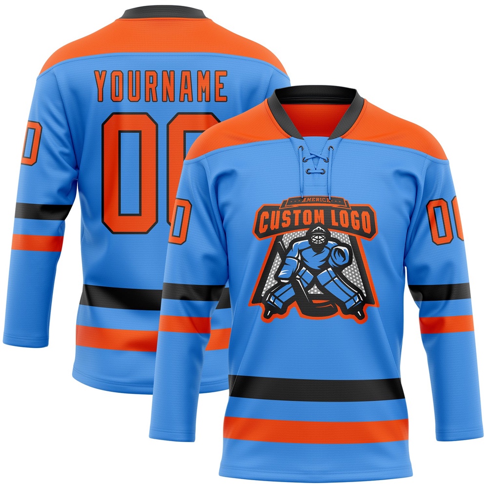 Custom Sky Blue Orange Black Hockey Lace Neck Jersey, New Hockey Jersey, Personali Sport Team Jersey Shirt Custom Sky Blue Orange Black Hockey Lace Neck Jersey, New Hockey Jersey, Personali Sport Team Jersey Shirt