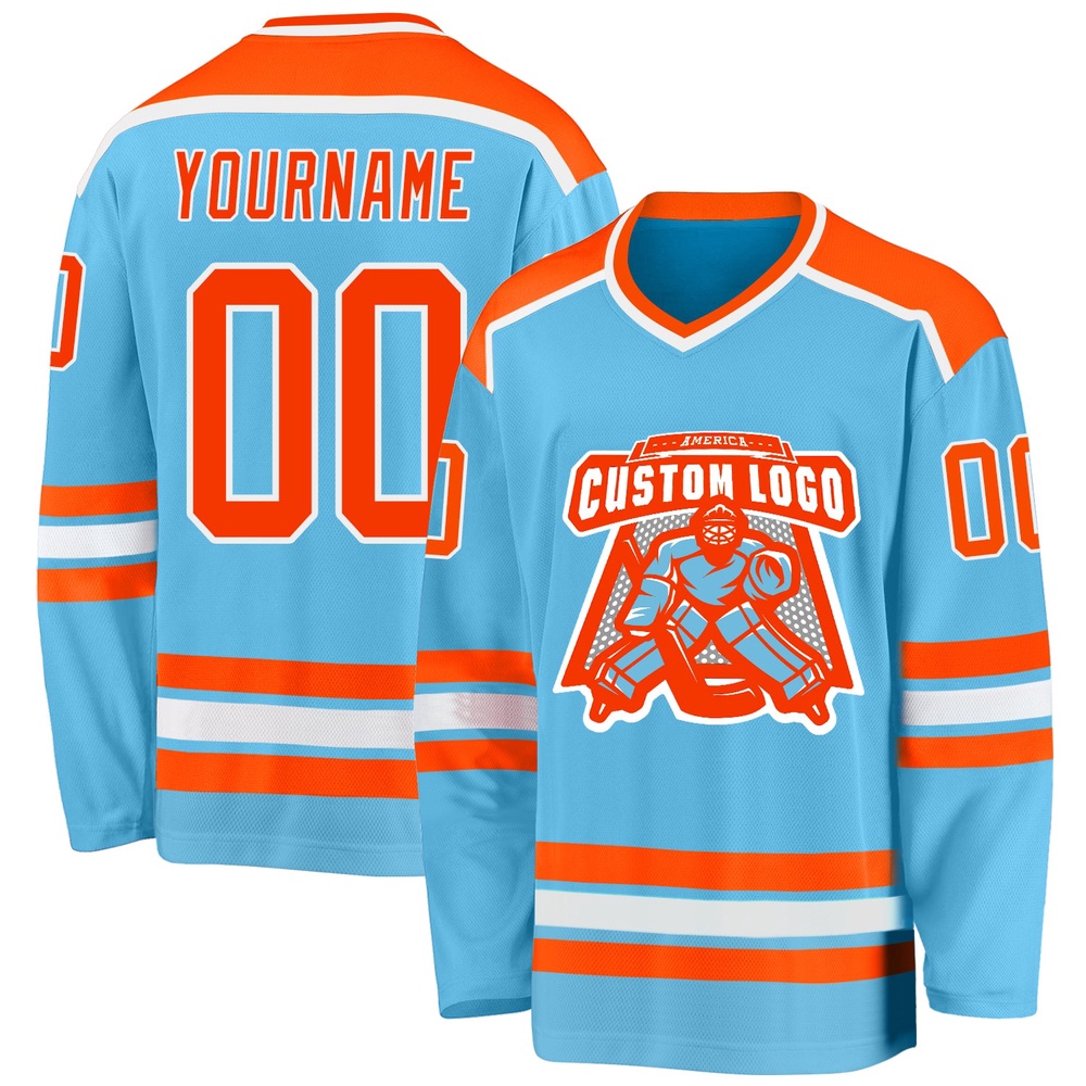 Custom Sky Blue Orange White Hockey Jersey, New Hockey Jersey, Personali Sport Team Jersey Shirt Custom Sky Blue Orange White Hockey Jersey, New Hockey Jersey, Personali Sport Team Jersey Shirt