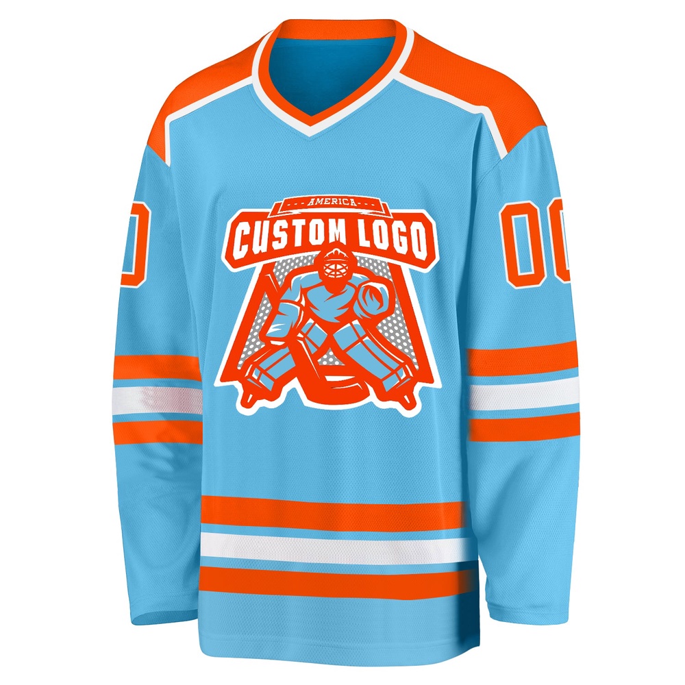 Custom Sky Blue Orange White Hockey Jersey, New Hockey Jersey, Personali Sport Team Jersey Shirt Custom Sky Blue Orange White Hockey Jersey, New Hockey Jersey, Personali Sport Team Jersey Shirt